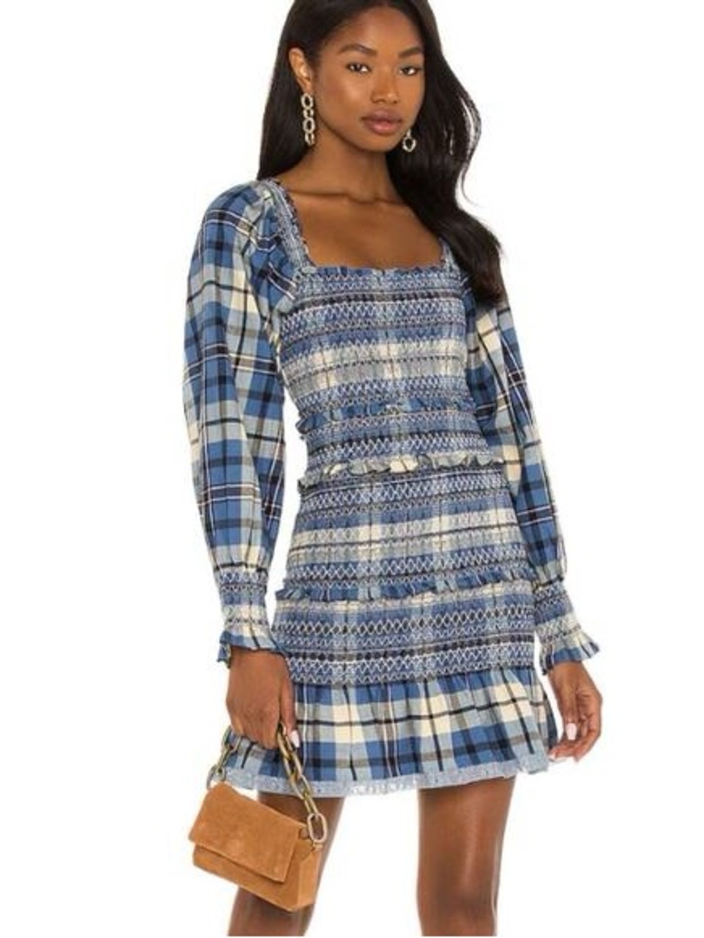 LoveShackFancy Stanley Smocked Plaid Dress Denim Skies